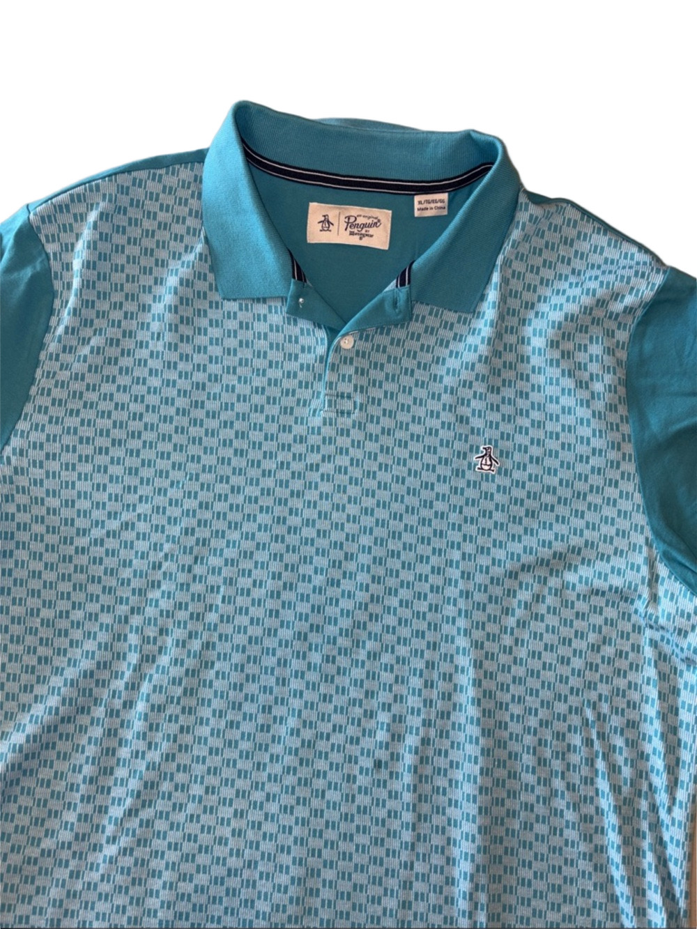 Original Penguin Polo Shirt Mens XL Aqua Blue Geometric Print Golf Polo Shirt